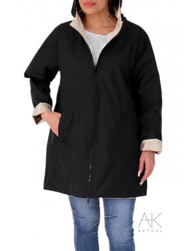 Grande Taille - Parka mi-longue imperméable réversible noir les muscles